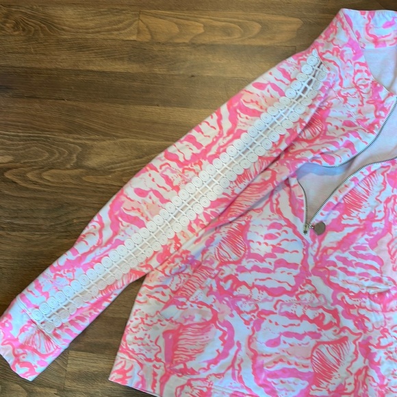 LILLY PULITZER CORAL REEF SKIPPER POPOVER LACE SLEEVE PULLOVER QUARTER ZIP PINK - Picture 9 of 10